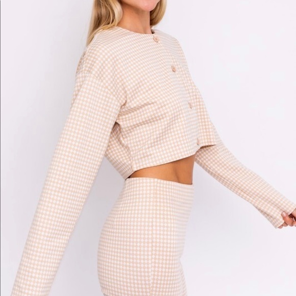 Ludovica Sweaters - Full Set- Taupe-White Checkered Cardigan and Pant